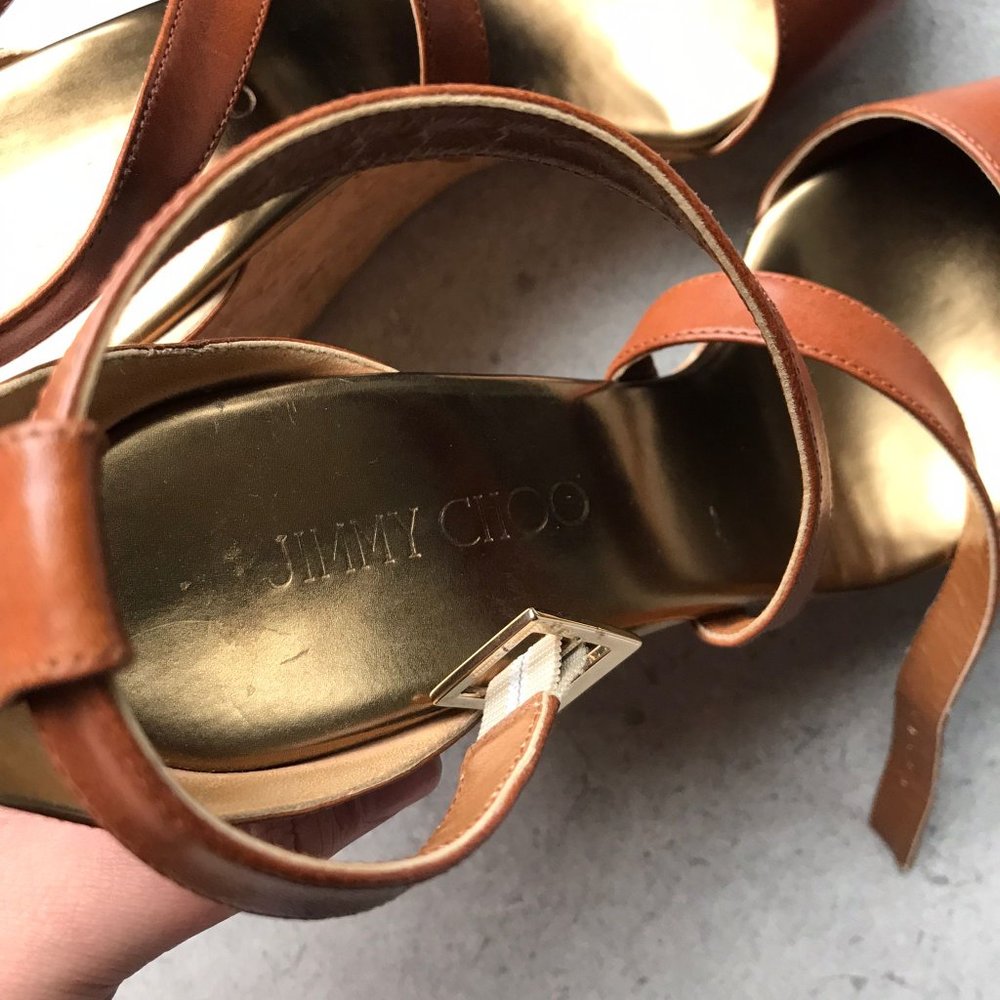 EUC Jimmy Choo Portia Crisscross Cork Wedge Canyon tan leather - Picture 10 of 12